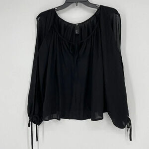 H&M Blouse Women's 4 Black Sheer Keyhole Round Neck Front Tie Split Long Sleeves
